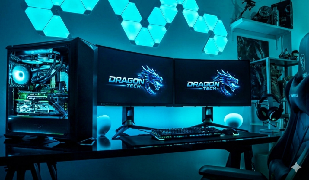 Setup PC Gaming DragonTech với màn hình kép, đèn LED RGB và không gian chơi game hiện đại.