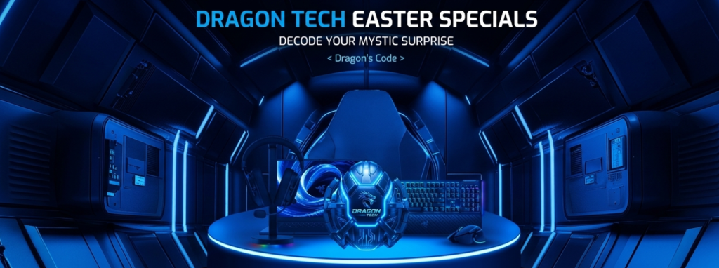 Banner DragonTech Tech Easter Specials giới thiệu phụ kiện PC Gaming cao cấp với chuột, bàn phím, tai nghe và thiết bị công nghệ.