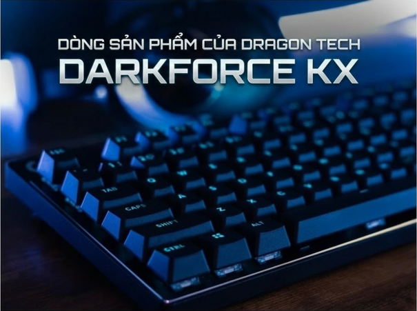 Bàn phím cơ DragonTech DarkForce KX với đèn LED RGB xanh, thiết kế dành cho game thủ và người dùng yêu thích gaming.